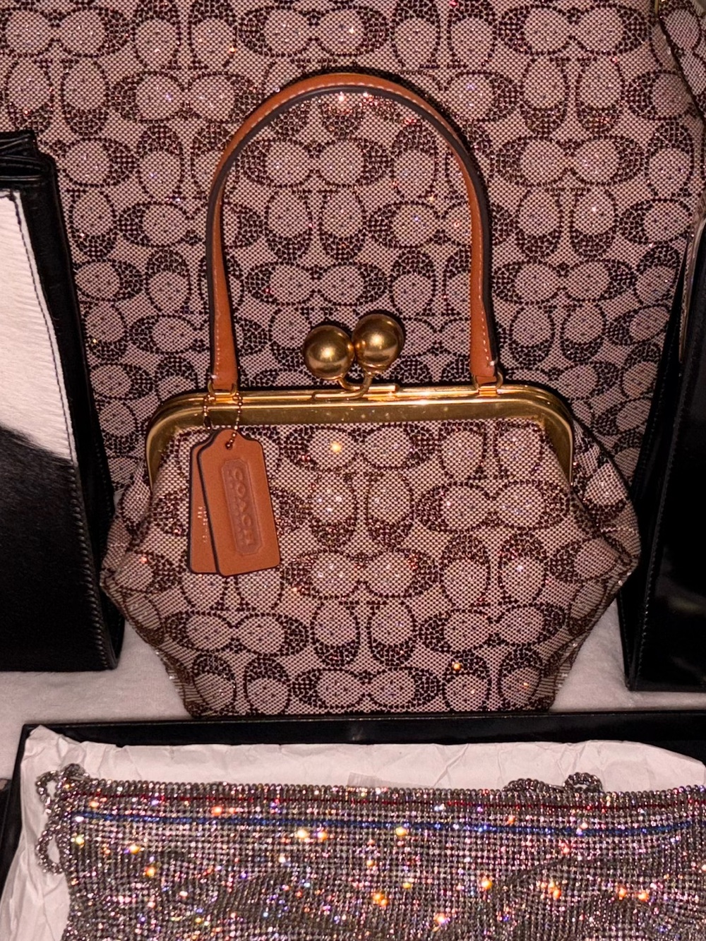 Small Coach Brown Signature Rhinestone Jacquard Kisslock Frame Bag - Picture 5 of 5